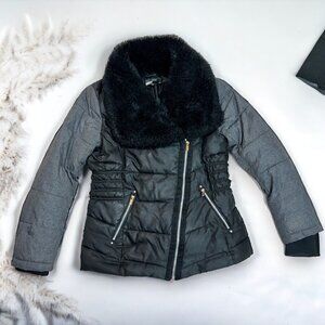 William Rast Faux Fur Puffer Bomber Jacket Long Sleeve Black Gray Women's Size S